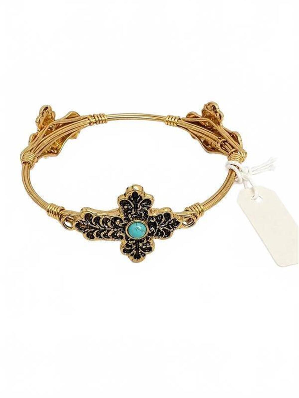 Western Cross Turquoise Wire Bangle Bracelet – Gold Tone Boho Cuff